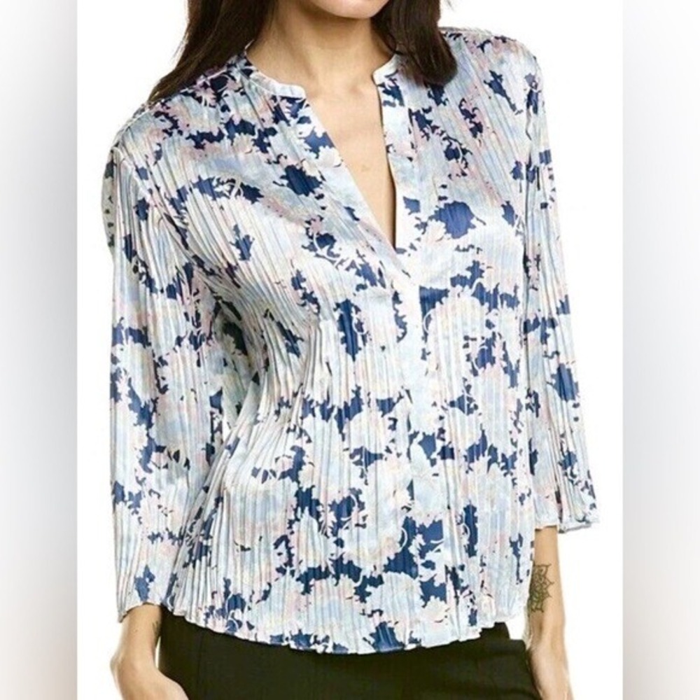 Vince Women Blue Pink Floral Pleated V-Neck Long Sleeve Blouse Size M